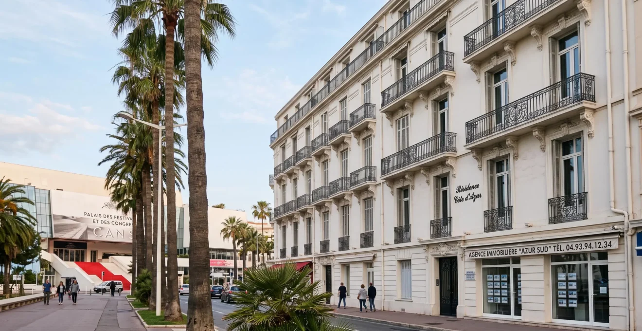 Immeuble résidentiel typique de la Croisette à Cannes avec palmiers au premier plan et le Palais des Festivals visible en arrière-plan, illustrant la proximité géographique des hébergements professionnels pour le MAPIC