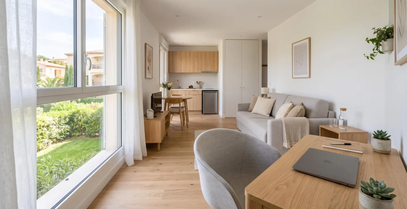 Intérieur moderne d'un studio meublé en location courte durée à Cannes avec espace bureau fonctionnel, lumière naturelle et décoration contemporaine adaptée aux professionnels du MAPIC