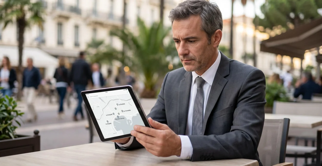 Professionnel consultant une carte interactive des quartiers de Cannes sur tablette pour choisir la localisation stratégique de son hébergement MAPIC